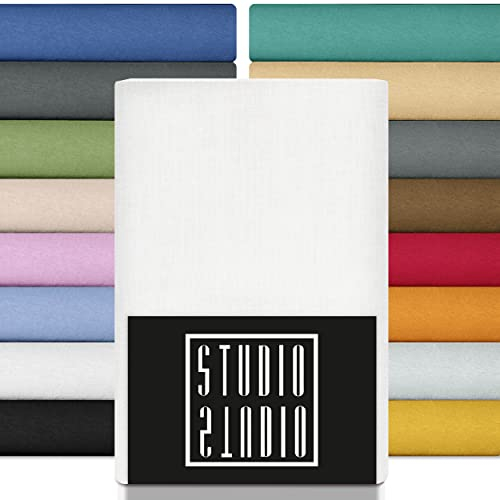 STUDIO Premium Spannbettlaken 90x200cm, 90x220cm, 100x200cm & 100x220cm – Jersey-Spannbetttuch aus 97 % Baumwolle & 3 % Elastan – Weiß – Öko-Tex Zertifiziert, bügelfrei – für Matratzen 15–35cm