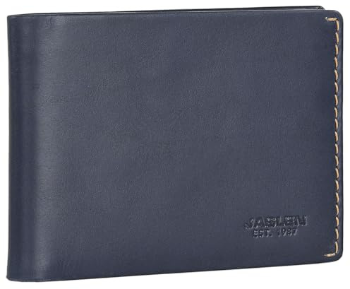 Jaslen - Carteras para Hombre Elegantes de Alta diseño Moderno. Billeteras para Hombre compactas Estilo clásico Cartera Monedero Funcional., Azul Marino-Camel