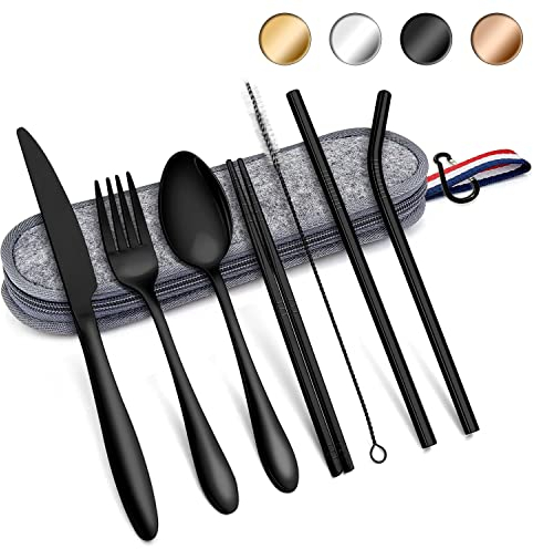 Herogo Travel Cutlery Set, 8 Pcs Portable Utensils Set with Pouch Case, Reusable Stainless Steel Knife Fork Spoon Chopsticks Straws for Camping Picnic Lunch, Mirror Finish & Dishwasher Safe (Black)