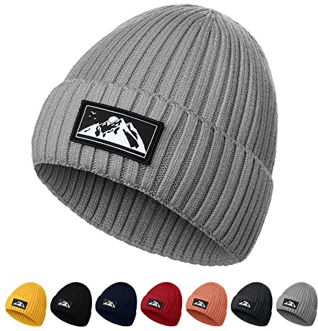 Gebell Men's Beanie Hat - Winter Knitted Beanie Hat Thermal Beanie Warm Soft Knit Cuffed Hat Classic Slouch Beanie for Men Grey
