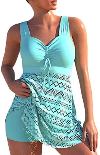 Femme Bikini Set Ventre Push up Maillots de Bain 2 pièces Dentelle Découpé Evidé Top Tankini Swimsuits avec Short de Bain Cover up Grande Taille (Vert,4XL)