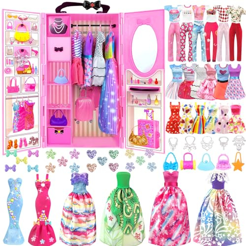 82Pcs Vêtements et Accessoires avec Armoire pour Poupées de 11,5 Pouces - Ensemble de Poupées Design Comprenant Robes de Mariée Robes de Mode Tenues Hauts et Pantalons Cintres Sacs pour Filles
