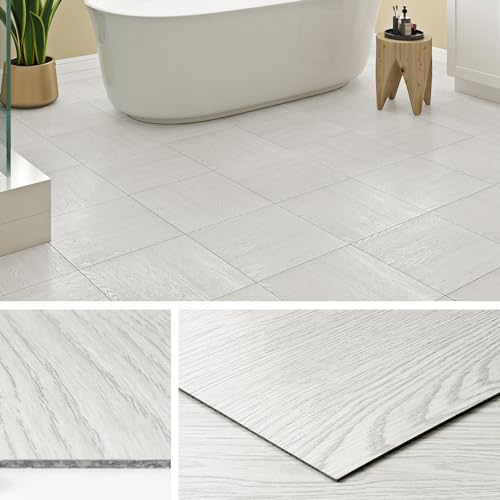 Livelynine Dalle PVC Adhesive Sol Blanc 30x30CM Lino Sol Adhesif Effet Parquet Adhesif Sols Bois Blanc Imperméable Carrelage Adhésif Sols Salle de Bain Cuisine PVC Adhésif Toilette Salon, 4 Dalles