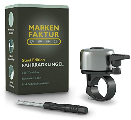 Marken FAKTUR® Fahrradklingel Mountainbike - Inkl. Schraubenzieher - Klingel Fahrrad aus Robustem und Widerstandsfähigem Edelstahl - Fahrradglocke mit verbesserter Passform - Rennrad Klingel (Silber)