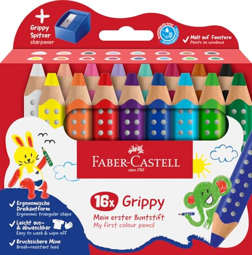 Faber-Castell 110645 Set Grippy, 16 Jumbo Buntstifte für Kleinkinder, leicht abwaschbare Malstifte für Kinder, ergonomische dreieckige Form, dicke Buntstifte, 10mm dicke Mine, Anspitzer Inklusive