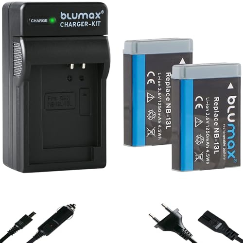 2X Blumax Akku kompatibel mit Canon NB-13L [ 1250mAh ] + Charger für PowerShot G1 X G7 X Mark III - G5 X G9 X Mark II - SX720 HS / SX730 HS / SX740 HS