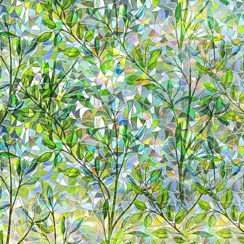 Qualsen Privacy Film for Glass Windows Stained Glass Window Film, 44x400cm | Green Leaf Patterned Window Films with Tools, Rainbow Decorative Effect, Static Cling Anti UV, for Home Bedroom Office