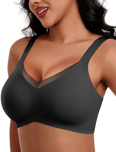 HORISUN Wireless Bras for Women, Non Wired Comfortable Seamless Support Bra Lift Full Coverage Bra Mesh Lace Deep V Plus Size Bralettes (Black 3XL)