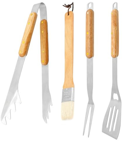 4-delad grillbestickset för trähandtag, 42 cm, grillbestickset rostfritt stål med grillsvarvare grilltänger köttgaffel grillborste, hängande förvaring, för trädgård picknick grillning matlagning