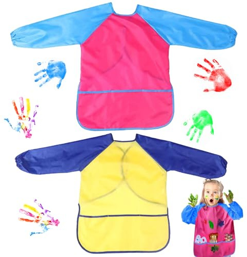 Lot de 2 tabliers de peinture pour enfants - Imperméables - En nylon - Avec 3 poches - Avec manches longues - Pour garçons et filles de 3 à 8 ans - Peut être utilisé pour la peinture artistique à