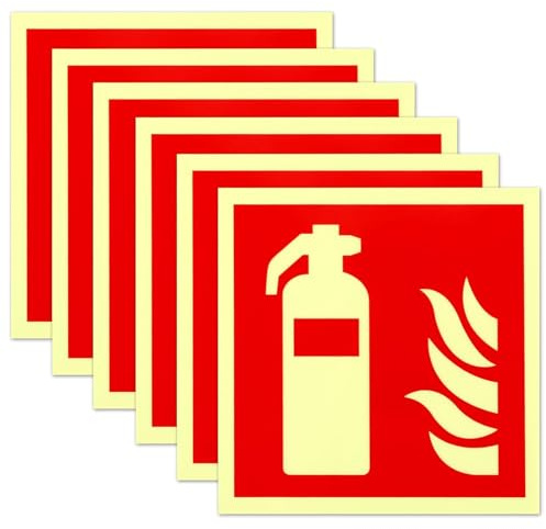 6 stycken brandsläckare 15 x 15 cm PVC självlysande självhäftande brandskyddsskylt brandsläckare klistermärken säkerhetsmärkning brandskyddsskyltar enligt ISO för hem, kontor, byggplats och bil