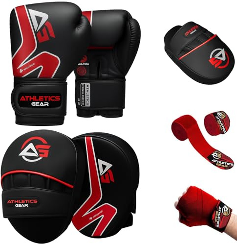 Kids Boxing Gloves Set – Child Friendly Design, Synthetic Leather, Adjustable and Light Weight for Sparring, Muay Thai Kickboxing, Martial Arts, MMA and Karate (Black/Red (Pack of 3), 8 OZ)