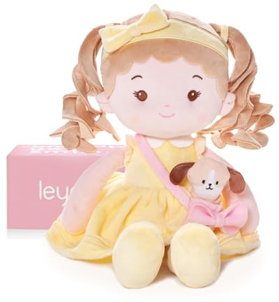 LeyaDoll Babydocka med hundplysch 40 cm, flickgåva, flickleksak 2 år | Mjuk docka med litet plyschdjur, broderat ansikte, maskintvättbar, rosa låda, perfekt för födelsedag, dop eller jul