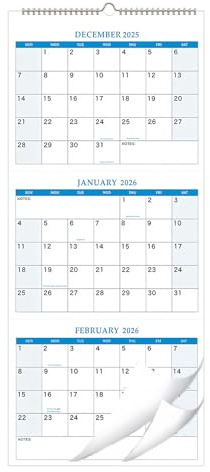 Calendario de pared grande 2026 | Calendario vertical grande de 3 meses | Planificador anual para entrenamiento diario, hogar, viajes, trabajo, fiesta, refrigerador, oficinas, bodas, vacaciones
