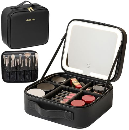 Travel Makeup Bag with LED Mirror, 3 Light Modes Light Up Vanity Case | Portable Cosmetic Organiser Bag with Adjustable Dividers & Makeup Brush Slot, Professional Make Up Storage Box, Black