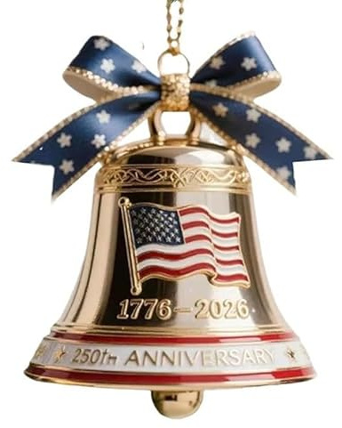 United States 250th Anniversary Bell Ornament - 3D Handcrafted Metal Christmas Bell with Hanging Rope, Vintage-Style Patriotic Decor for Christmas Tree, Door, Fence (Gold-A)