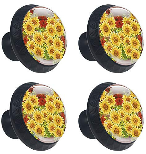 Abenily Cabinet Round Knobs Set of 4 Glass Sunflowers Yellow Red Floral Paint Furniture Fittings Kitchen Cabinet Cupboard Door knobs, Chest, Furniture, Drawer Handles 30mm