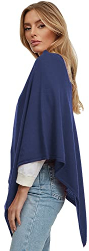 Poncho para mujer, cárdigan largo, suéter de punto, abrigo, para verano e invierno con lana y cachemira, fabricado en Italia, azul oscuro, Talla única