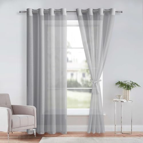 DWCN Grey Sheer Curtains with Tiebacks Semi Transparent Voile Grommet Curtains Elegant Window Curtains for Bedroom and Living Room,2 Panels,W56 x L81