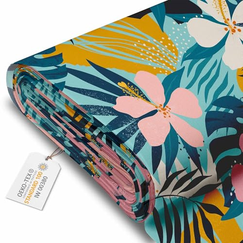 DreamRoots Tissu imperméable extérieur au metre 160 cm Largeur - Toile exterieure impermeable 100% de polyester 600D 220g/m - Tissus au metre ameublement Flowers Tropical Palm mètre linéaire