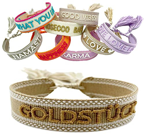 LS-LebenStil Exklusives Statement Armband - das Original - Goldstück Beige Gold 16-20cm Quasten besticktes Boho Canvas Webarmband Damen Freundschaftsarmband Geschenk gewebt textil Stoffarmband