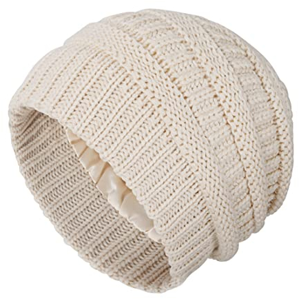 Gorro para Mujer Niña de Invierno Suave y Cálida Sombrero de Punto Gorro de Punto con Forro de Satén para Correr, Montar en Bicicleta, Actividades al Aire Beige