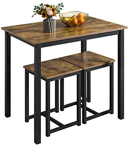 Yaheetech 3 Piece Dining Table Set Kitchen Table & Chair Sets for 2 Breakfast Bar Table and Stools Set with Space Saving Design for Dining Room Living Room Kitchen, Rustic Brown