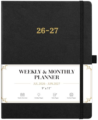 2026-2027 Planner - Weekly and Monthly Planner 2026-2027, Jul.2026 - Jun.2027, 9 x 11, 26-27 Calendar Planner with Inner Pocket + Bookmarks+ Leather Hardcover, Black