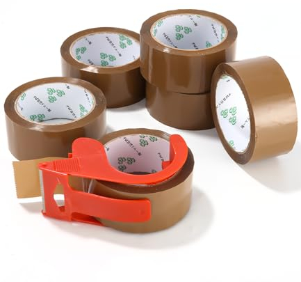 Lot de 6 rouleaux Ruban adhésif marron pour l'emballage,48mm*60m avec Dérouleur,L'emballage de cartons,Ruban adhésif déménagement,Bureau stockage,Le ruban ménager demenagement,Sceller Les Boîtes Colis