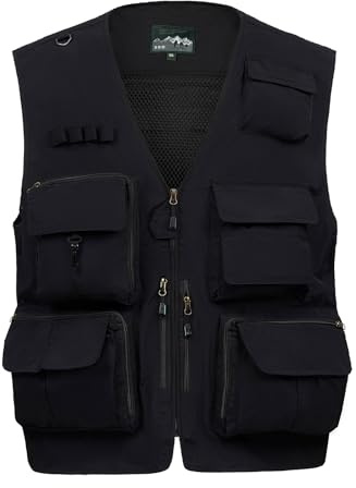 AOTORR Mens Outdoor Safari Cargo Photo Travel Work Fishing Vests for Men Multi-pockets Black L