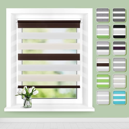 Doppelrollo Klemmfix ohne Bohren B60 x H130(Stoffbreite 56cm) Weiß-beige-braun, Rollos für Fenster, Rollo ohne Bohren mit Lichtdurchlässig und Verdunkelnd/Höhe Stufenlos Verstellbar/Kindersicherung