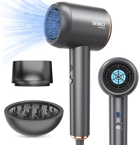 DEWILY Asciugacapelli Professionale Ionico, 1800W Asciugatura Rapida Phon Capelli con Diffusore e Concentratori, 4 Temperature e 2 Velocità, Potente Piccolo Phon da Viaggio (Grigio)