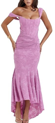 xxxiticat Abito elegante da donna, in pizzo, a spina di pesce, con tracolla, maxi abito, Colore: rosa., L