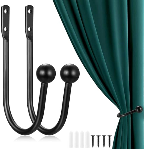 2 Stück Metall Vorhang Raffhalter, U-Form Gardinenhalter Raffhalter für Vorhänge Wohnzimmer, Raffbügel Holdbacks Vorhanghaken Raffhalter Wandbefestigung für Gardinen Schlafzimmer Büro Küchen(Schwarz)