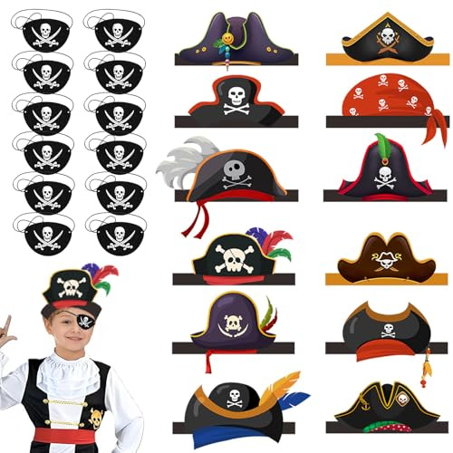AffeGifts Chapeau Pirate Enfant, 24Pcs Cache Oeil Pirate Crâne imprimé Chapeaux pirates Enfants Eye Patch Pirate Party Bag Fillers Caribbean Party Dress Up pour Halloween Masquerade Party Cosplay