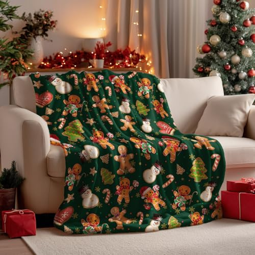 Horaldaily Christmas Green Gingerbread Flannel Throw Blanket 50x60