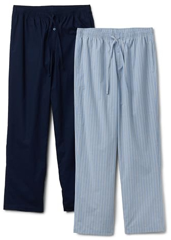 Amazon Essentials Bas de Pyjama Pleine Longueur en Popeline de Coton Extensible Homme, Lot de 2, Bleu Marine/Thin Stripe, L
