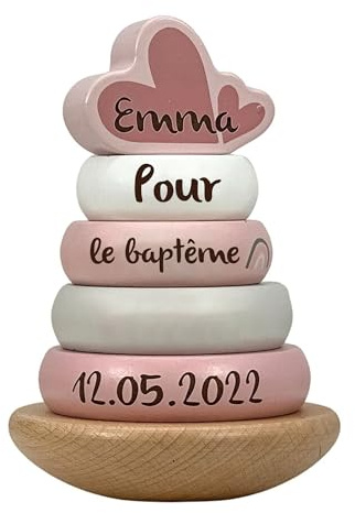 Mainely Personnalisable Tour à empiler en Bois Rose – Cadeau de baptême – pour Les Enfants à partir de 12 Mois – personnalisée avec Le nom et la Date du baptême – Label Label