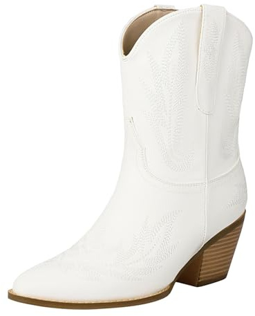 Bottes de cowboy pour femme, bottines de cowboy cowgirl occidentales à talons bas et épais à bout carré - Bottines courtes d'automne confortables brodées - Bottes mi-mollet rétro, blanc, 37.5 EU