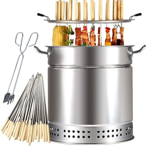 portable folding charcoal grill, outdoor bbq grill Barbecue Grill Smokeless Charcoal Smoker Barrel Grill Vertical Barbeque Hanging Stove Stainless Steel Split Oven with 20pcs Kabob Skewers 360°