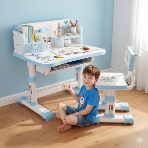 Scrivania per bambini regolabile con sedia, set di studio 3-18 anni con vassoio largo separato e cassetto portaoggetti, struttura in metallo e pannello ad alta densità, altezza regolabile (blu)