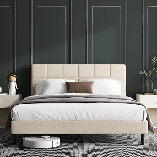 Bednew Double Bed Frame, Beige Upholstered Bed with Headboard | Luxurious Soft-Touch Fabric, Ultra-Sturdy Support, Tool-Free Assembly | Underbed Storage, No Box Spring Needed | 135x190 cm