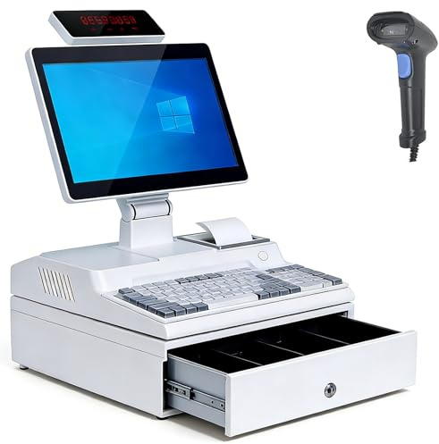 Registratore di Cassa Pos, Registratore di Cassa All-In-One per Piccole Imprese, con Touch Screen da 14, CPU I3 Dual-Core, Cassetto Contanti, Stampante da 58 mm, Scanner per Codici a Barre White