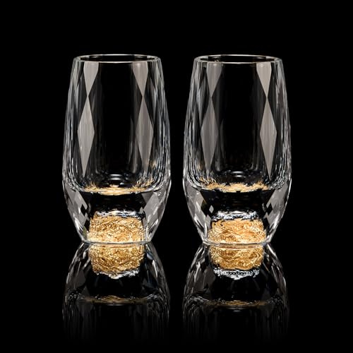 【Nuovo Design 2026】DUJUST Bicchieri Shot Diamante (45 ml), Bicchieri in Cristallo con Scaglie di Foglia d’Oro 24K, Set di Shot Glass Elegante, Senza BPA e Piombo, Per Decorazione e Collezione –2 Pezzi