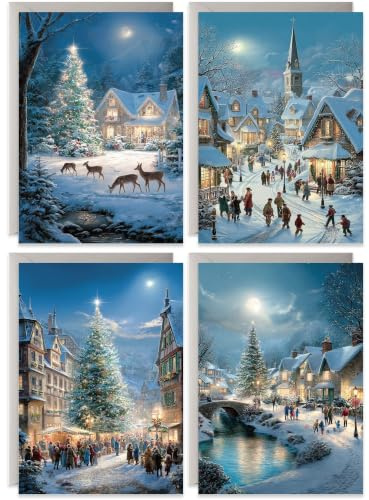 Set of 20 Christmas Cards Multipack, Blank Inside with Envelopes, Traditional Painted Festive Winter Scene, For Family Friends Loved Ones 'Merry Christmas', Multi-pack Bulk Set