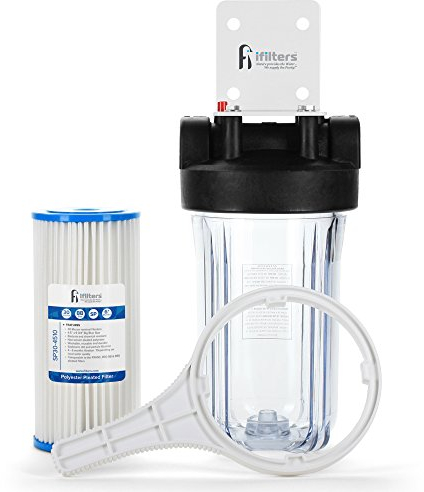 Well Water Whole House Sediment & Rust Complete Filtration System with Pleated Washable filter, Clear Housing 1 Ports