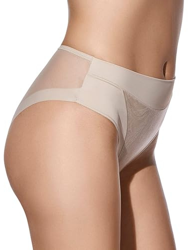 Selene, Braga de Mujer Cintura Alta Ligeramente Contenedora, Braguita Efecto Moldeador con Transparencias, Colección Violeta, Color Tierra, Talla 42