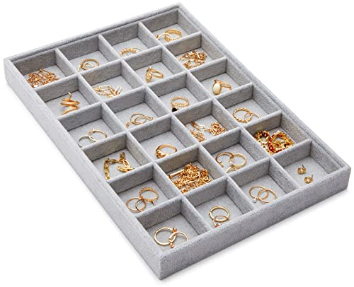 Juvale Velvet Jewelry Organizer Tray - Earring Tray Insert with 24 Compartments - Stackable Jewelry Drawer Organizer - Includes Bracelet Holder Slots - Gray, 14 x 10 in