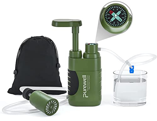 Purewell Water Filter Pump for Camping - Portable Water Purifier with 0.01 Micron Filter, Removes Bacteria - Emergency Survival Water Filtration System for Hiking, Travel & Outdoor Adventures
