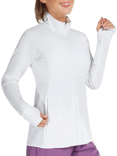 baleaf Women's Long Sleeve Running Shirts UPF 50+ Sun Protection Full Zip Athletic Jackets Lightweight Zipper Pockets White Size XXXL